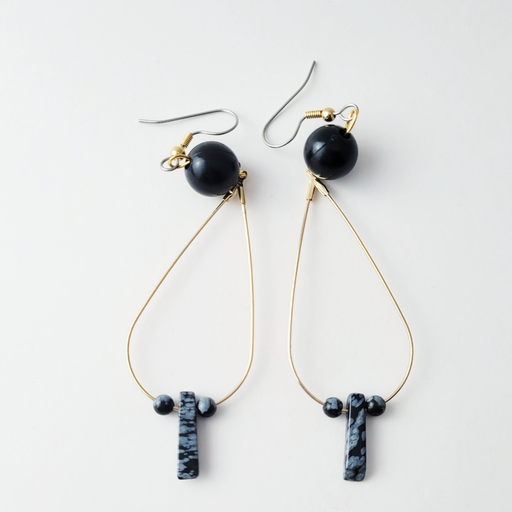 Upcycled Snowflake Obsidian Dangle Earrings